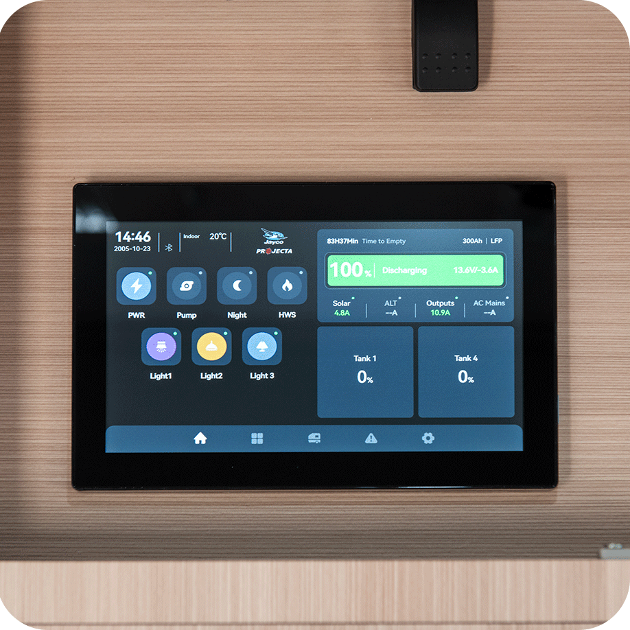 7-inch LCD touchscreen panel for monitoring vital RV system status, including battery and water levels