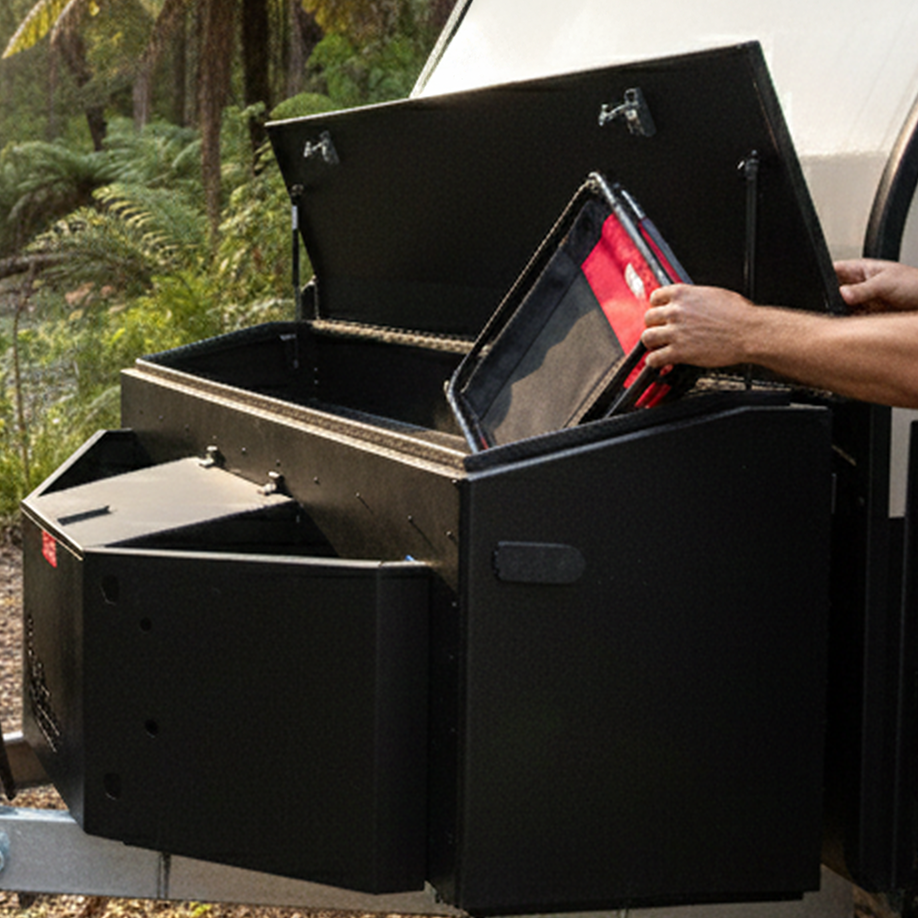 Extra large with top and side access storage doors, side storage wings and gas bottle cover