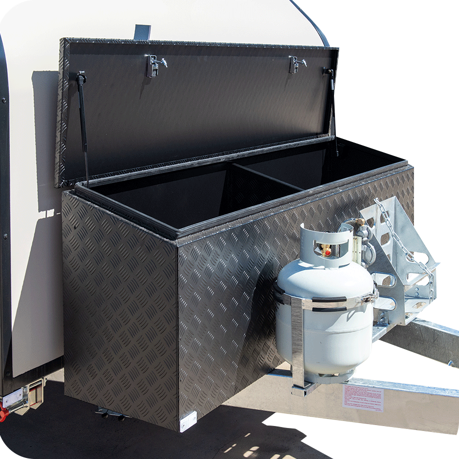 Aframe with large top opening front toolbox, 9kg gas bottle & jerry can holder