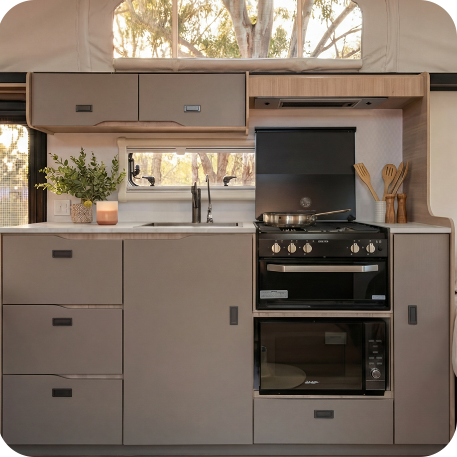 Modern kitchen with Rangehood with 12V LED light & twin fans, Microwave and 4 Burner cooktop with built in griller and ample storage