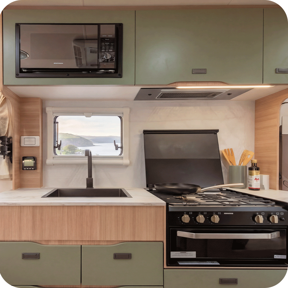 Fully equipped kitchen designed for easy touring