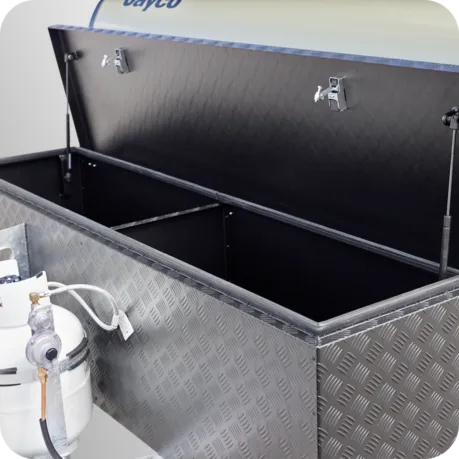 Aframe with large top opening front toolbox, 9kg gas bottle & jerry can holder