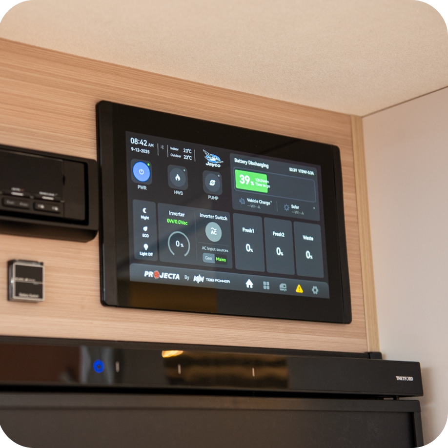 48v Adventurer Caravan 54 10-inch touch screen panel for monitoring vital RV system status, including battery and water levels