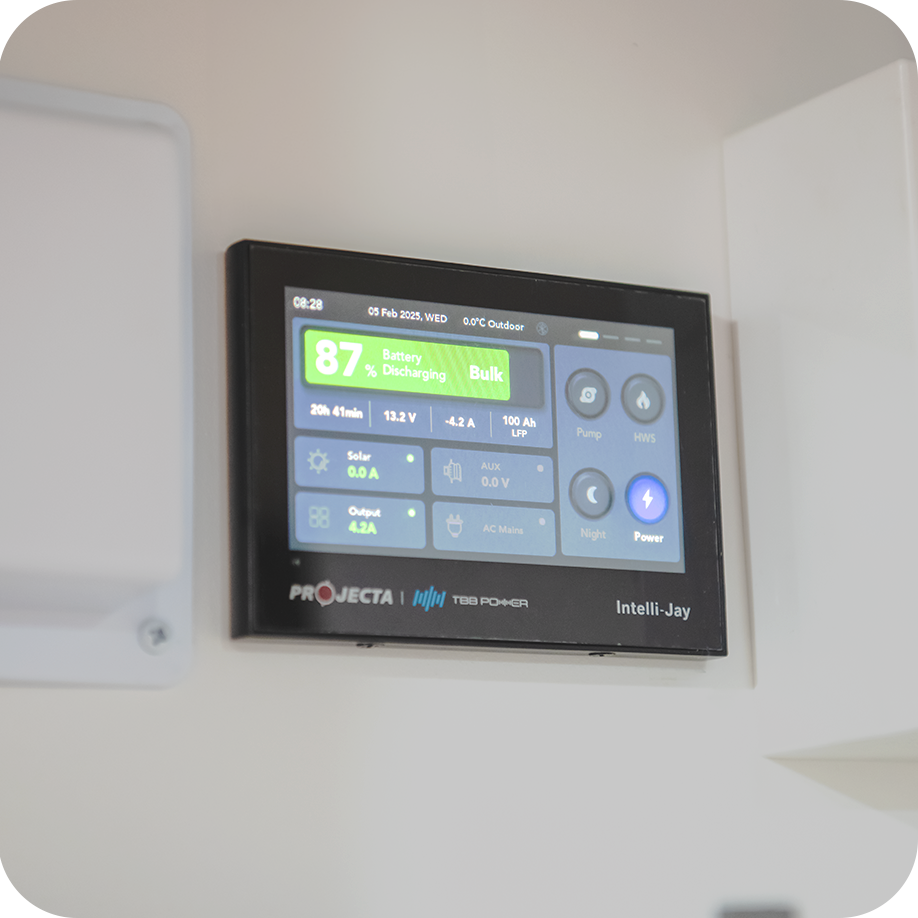 Touch Screen - 4-inch LCD panel for monitoring vital RV system status, including battery and water levels.